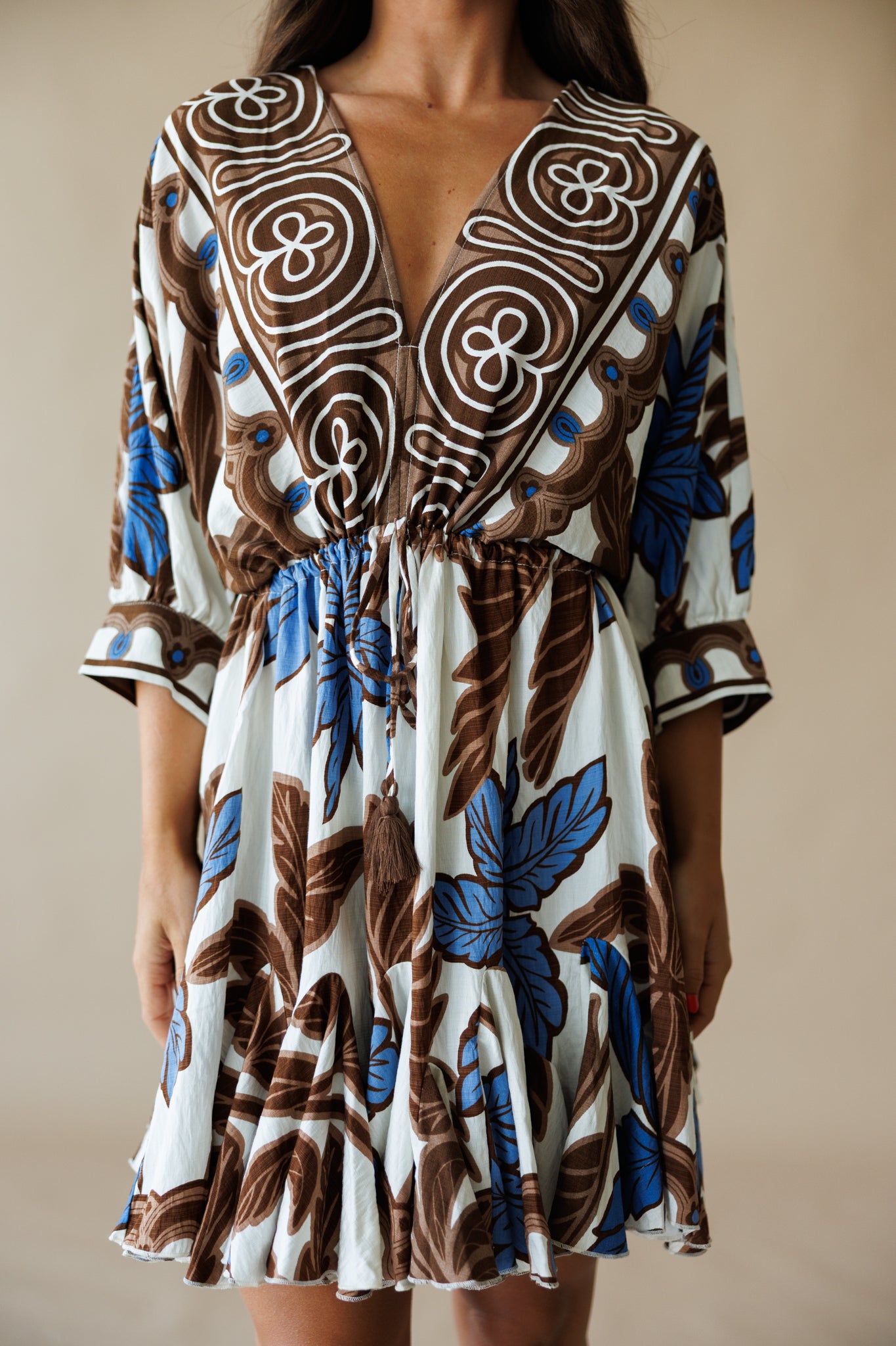 "Palma" Tassel Mini Dress in Brown