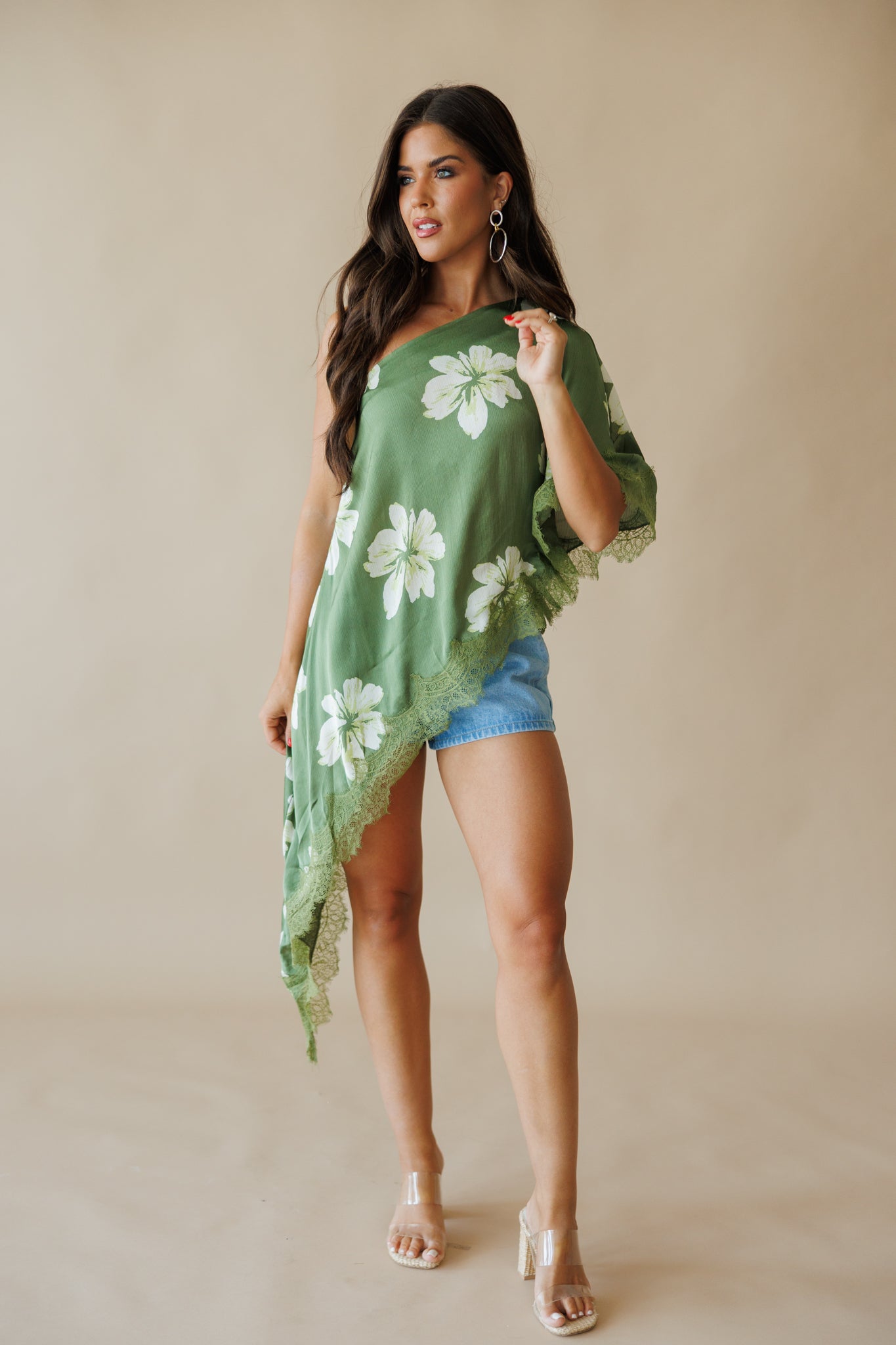Asymmetric Lace Top in Green Floral