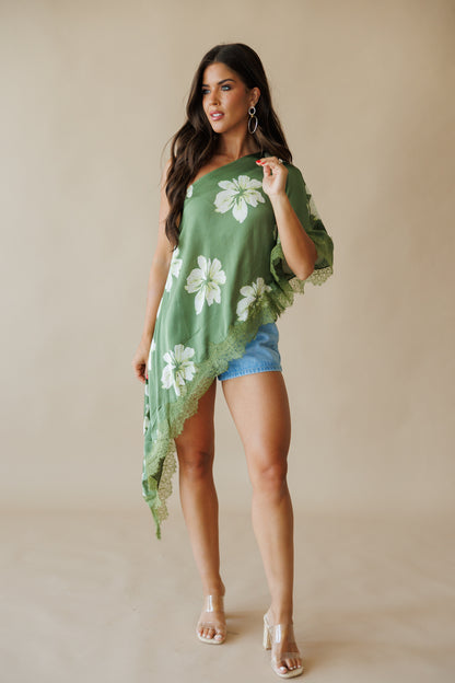 Asymmetric Lace Top in Green Floral