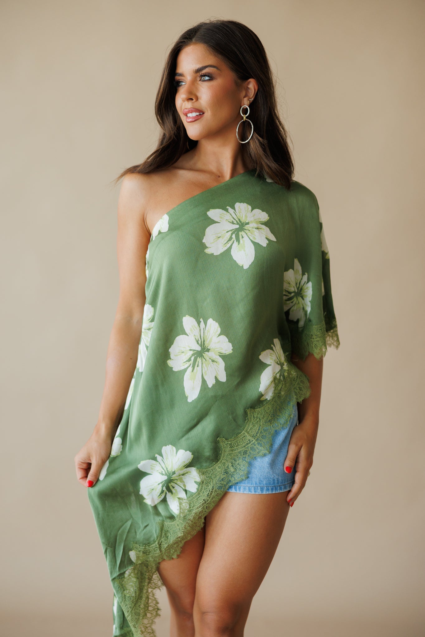 Asymmetric Lace Top in Green Floral