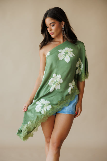 Asymmetric Lace Top in Green Floral