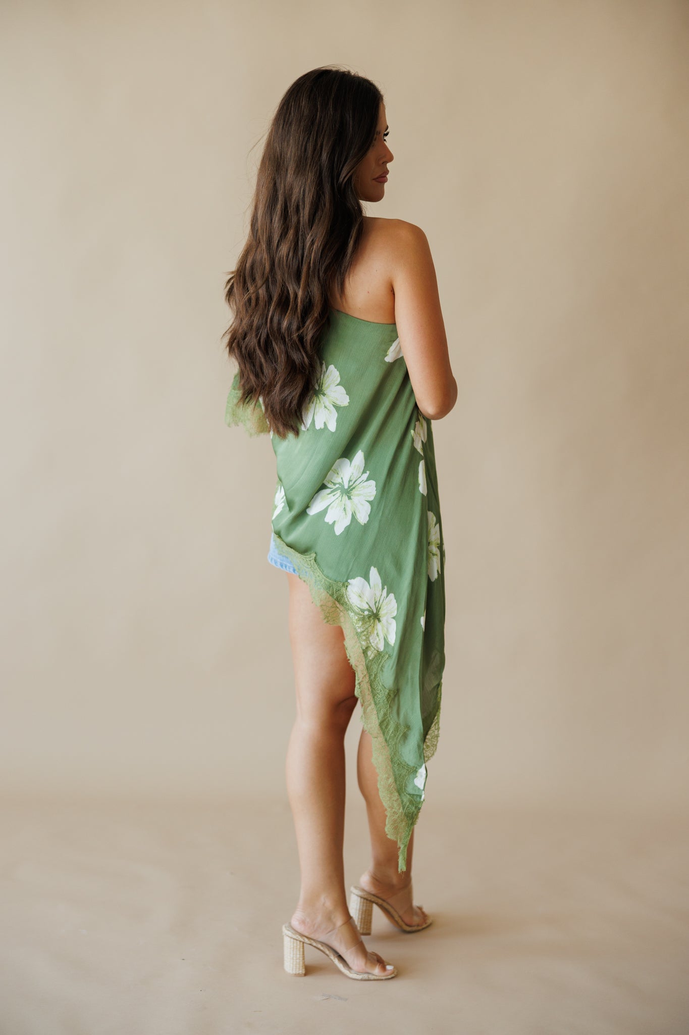 Asymmetric Lace Top in Green Floral