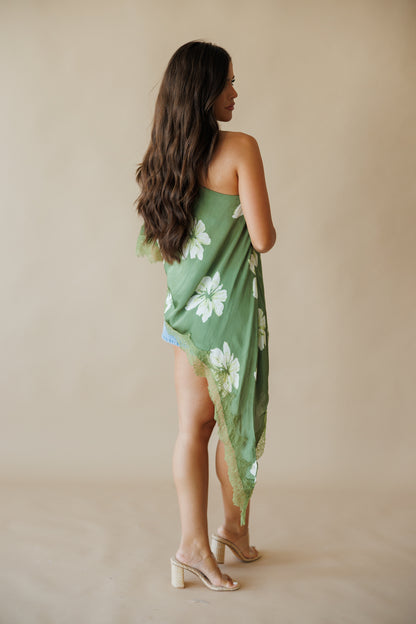 Asymmetric Lace Top in Green Floral