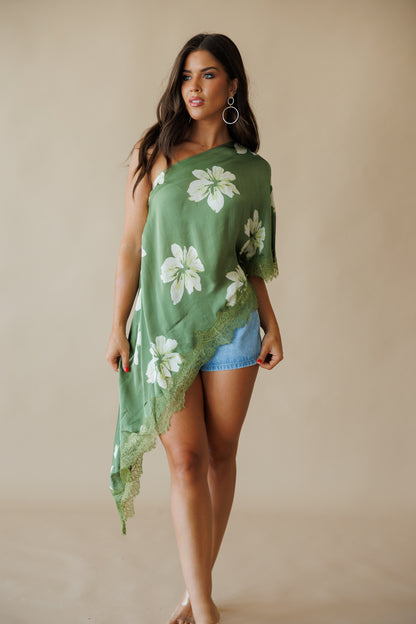 Asymmetric Lace Top in Green Floral