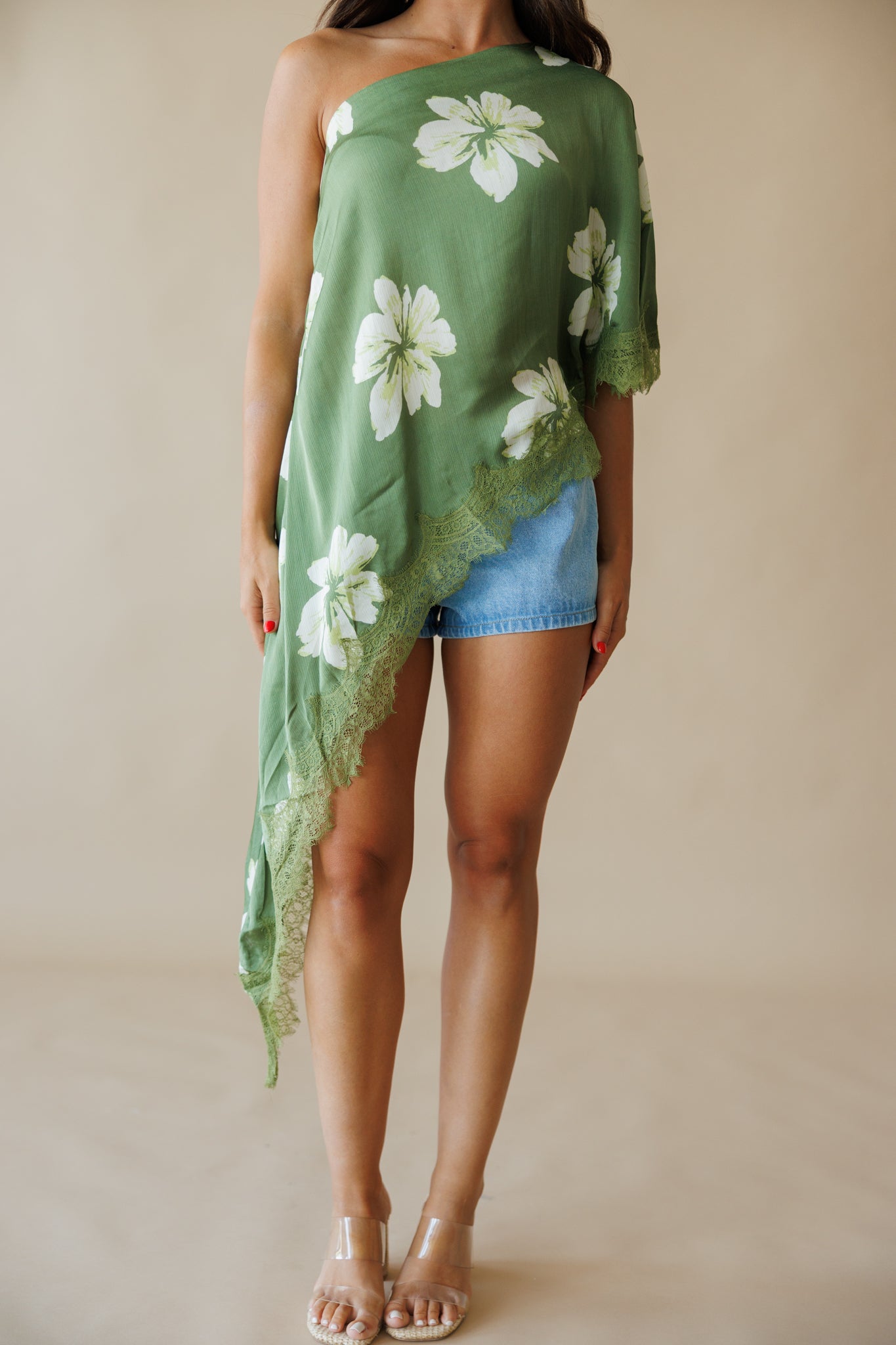 Asymmetric Lace Top in Green Floral