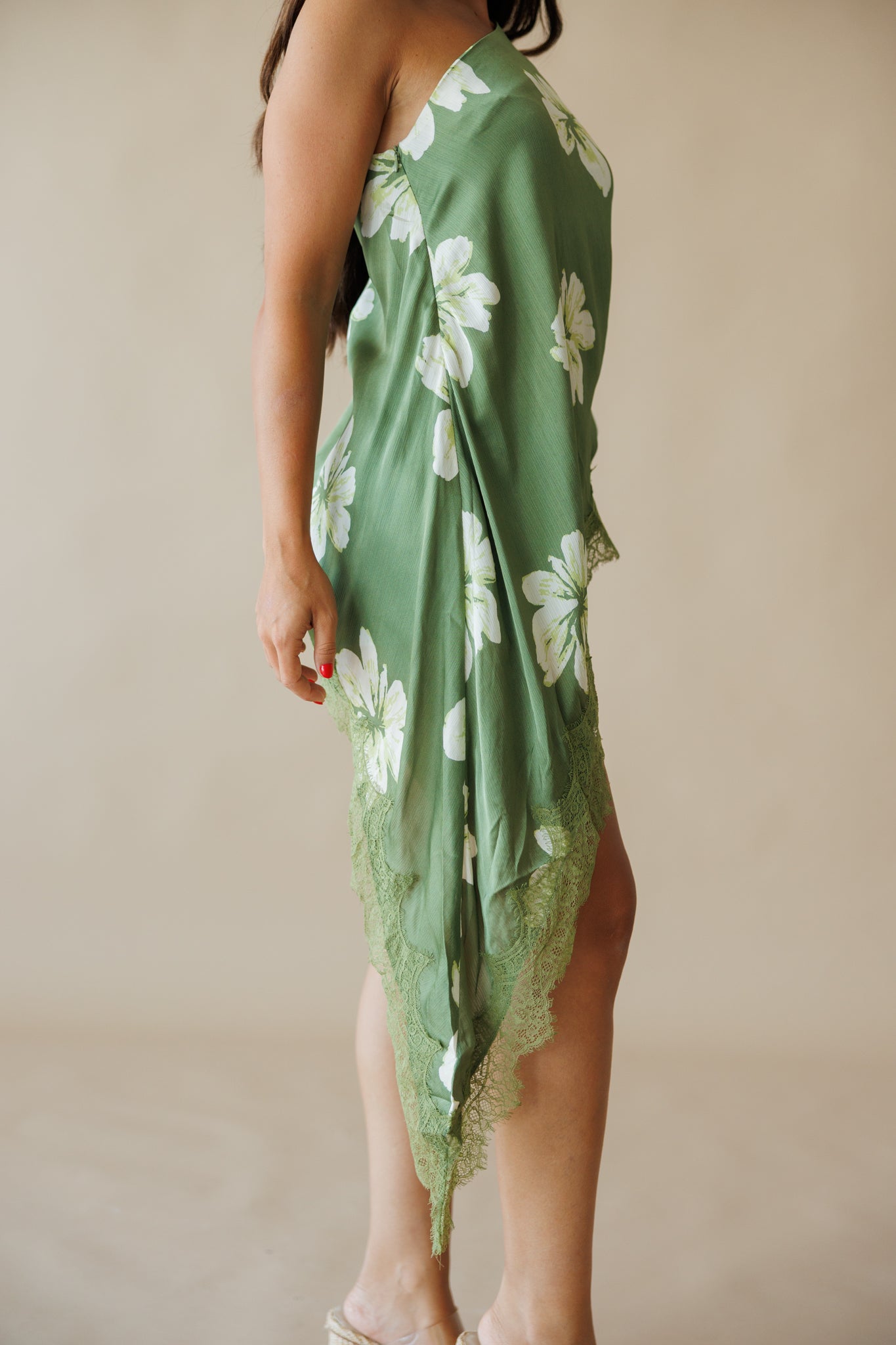 Asymmetric Lace Top in Green Floral