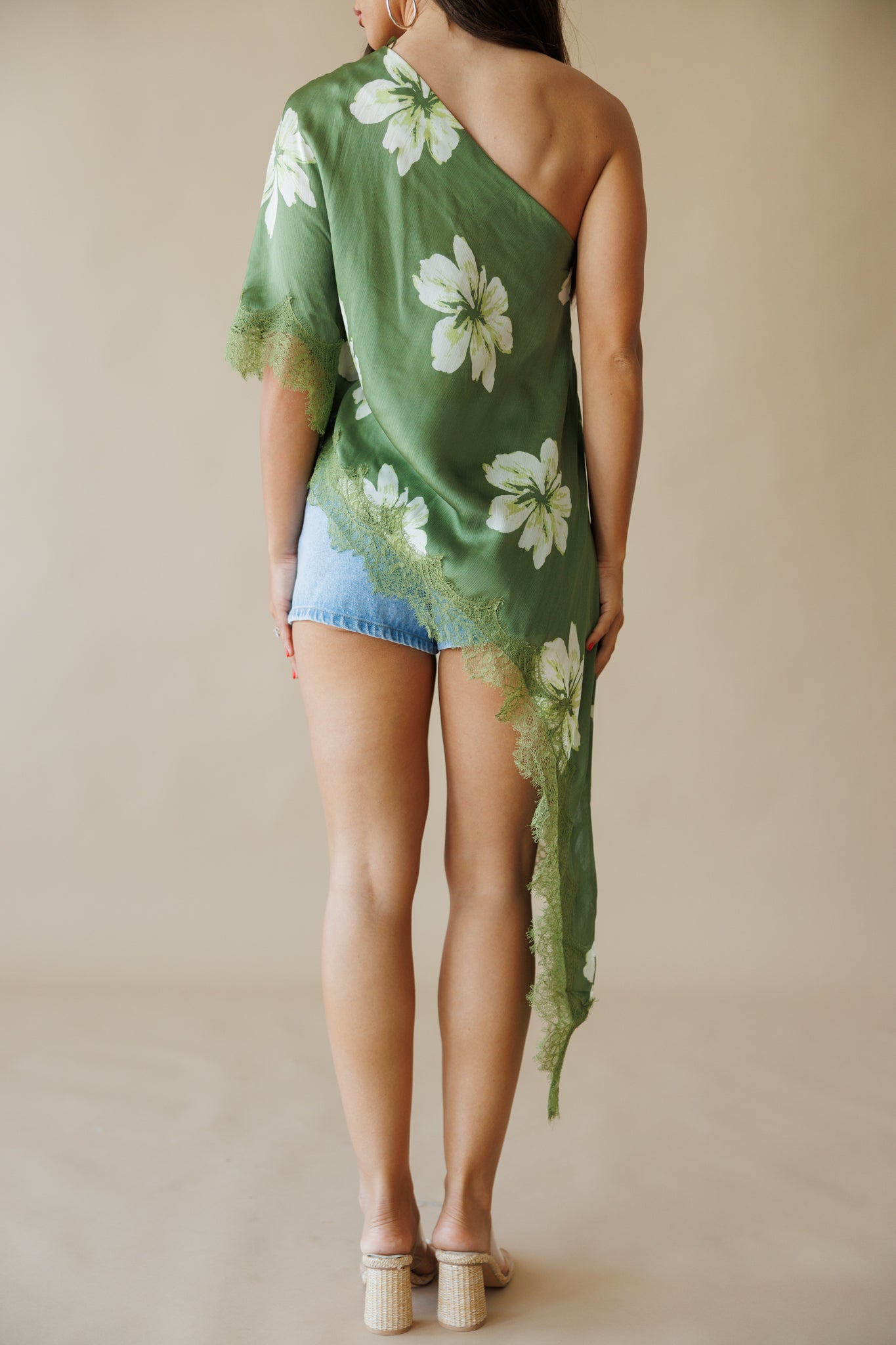 Asymmetric Lace Top in Green Floral
