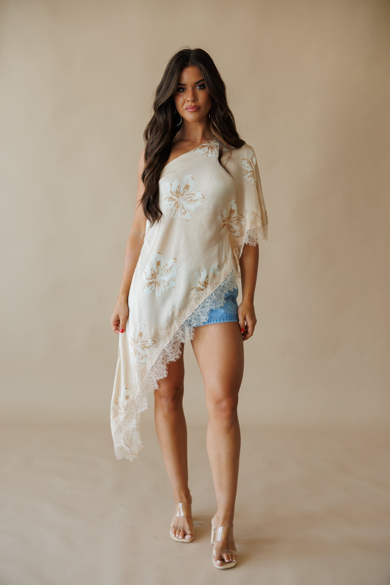 AS SEEN ON KATIE LANGLEY! Asymmetric Lace Top in Nude Floral