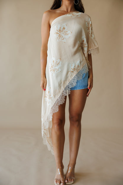 AS SEEN ON KATIE LANGLEY! Asymmetric Lace Top in Nude Floral
