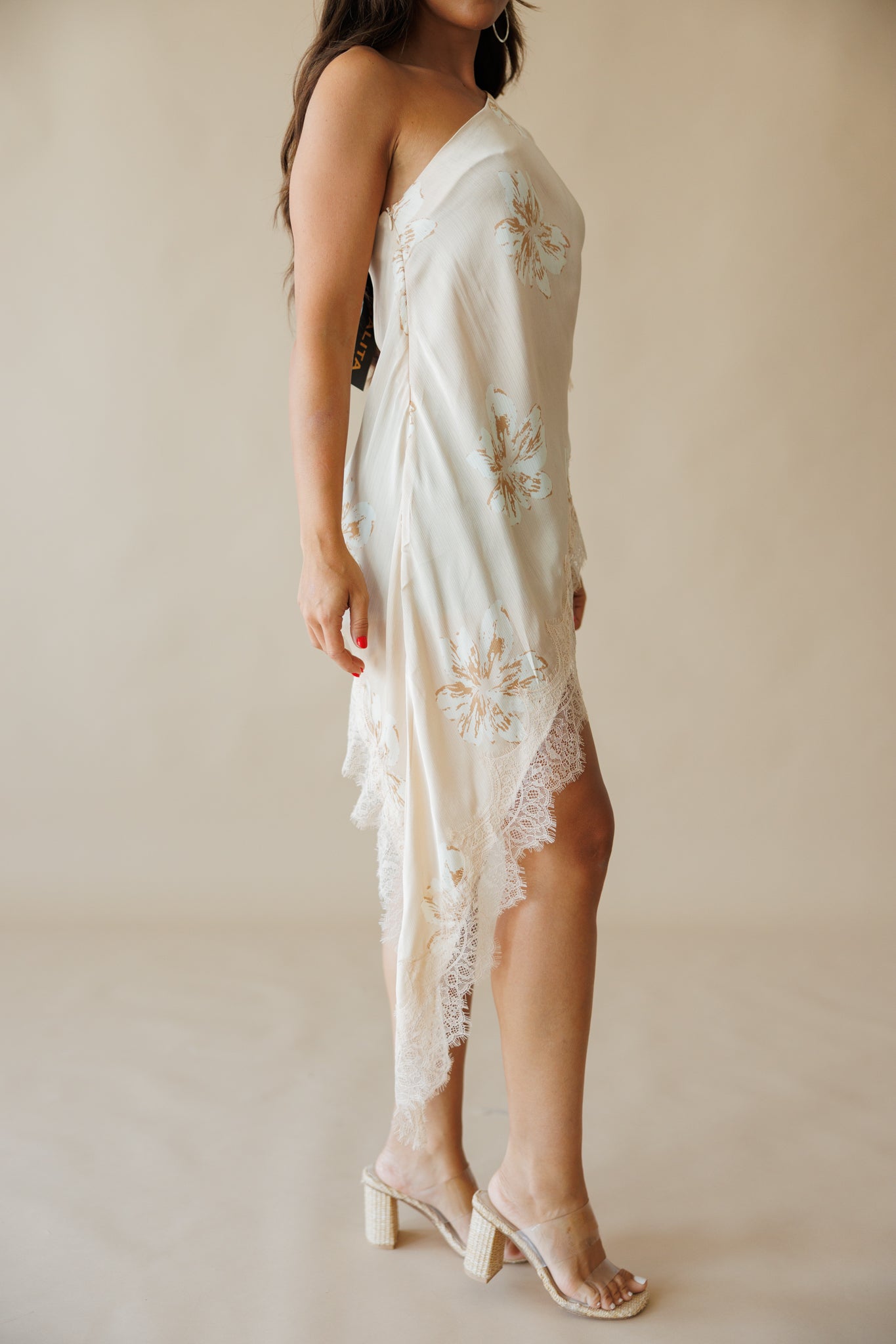 AS SEEN ON KATIE LANGLEY! Asymmetric Lace Top in Nude Floral