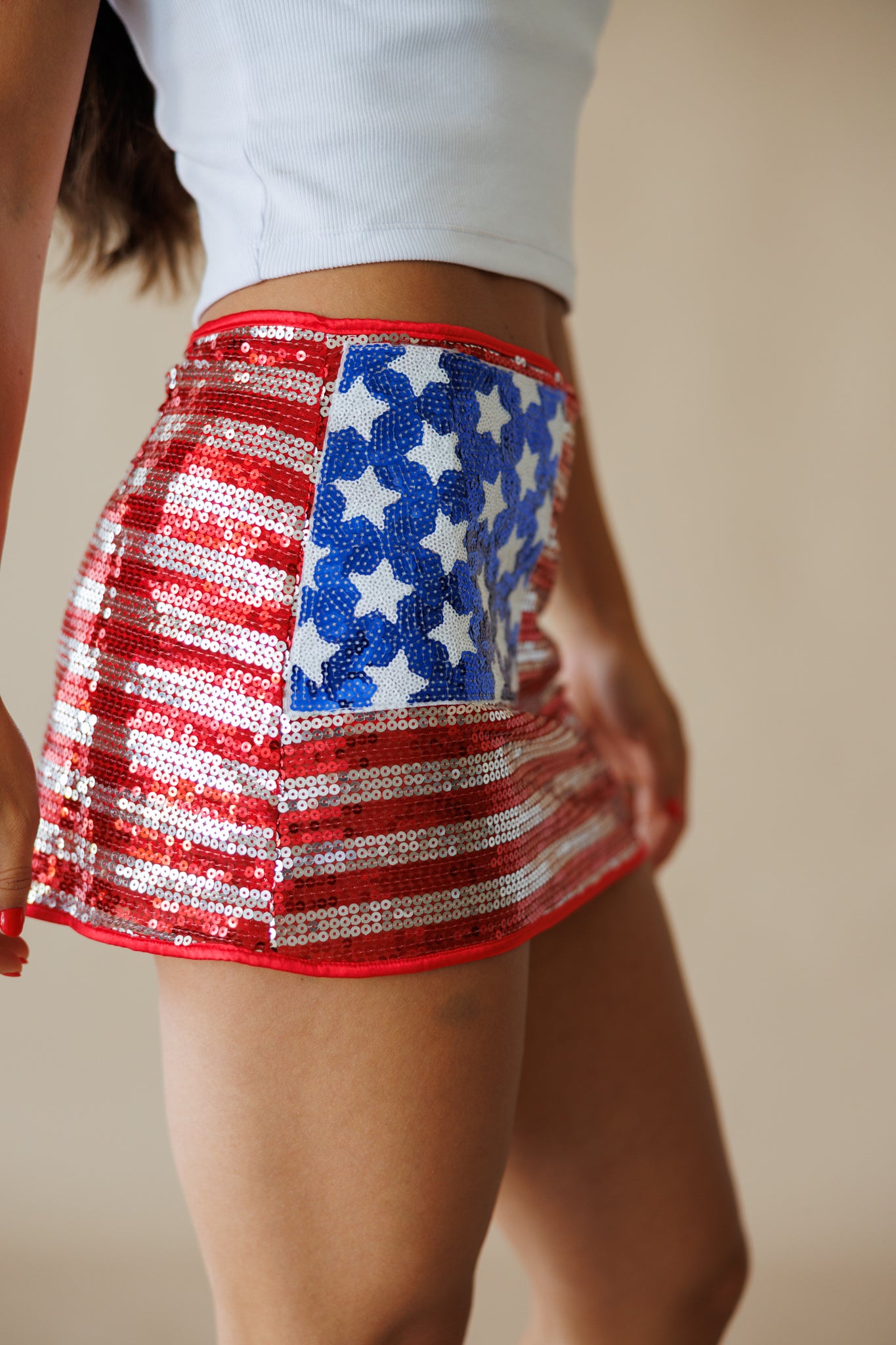 "USA BABE" Sequin Low Rise Skort