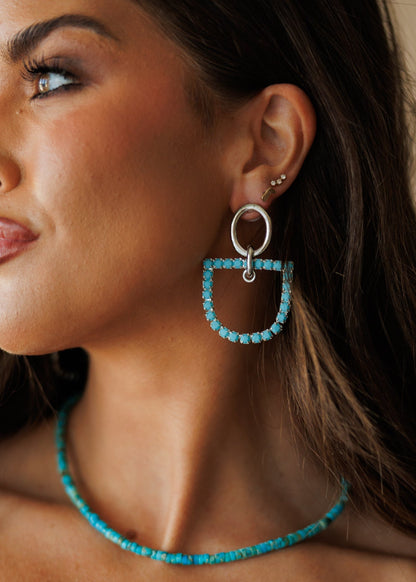 Horsebit and Turquoise Rhinestone Earrings in Silver