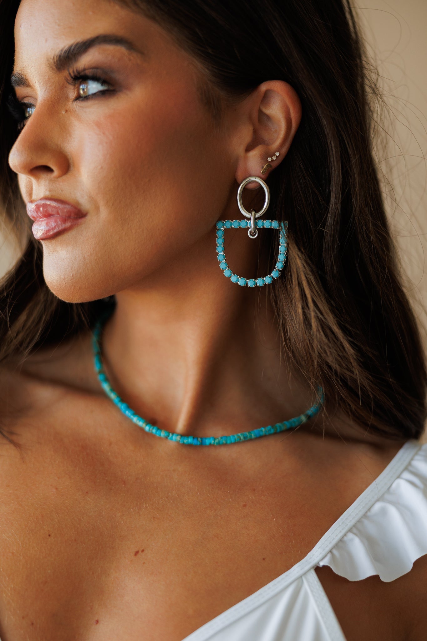 Horsebit and Turquoise Rhinestone Earrings in Silver