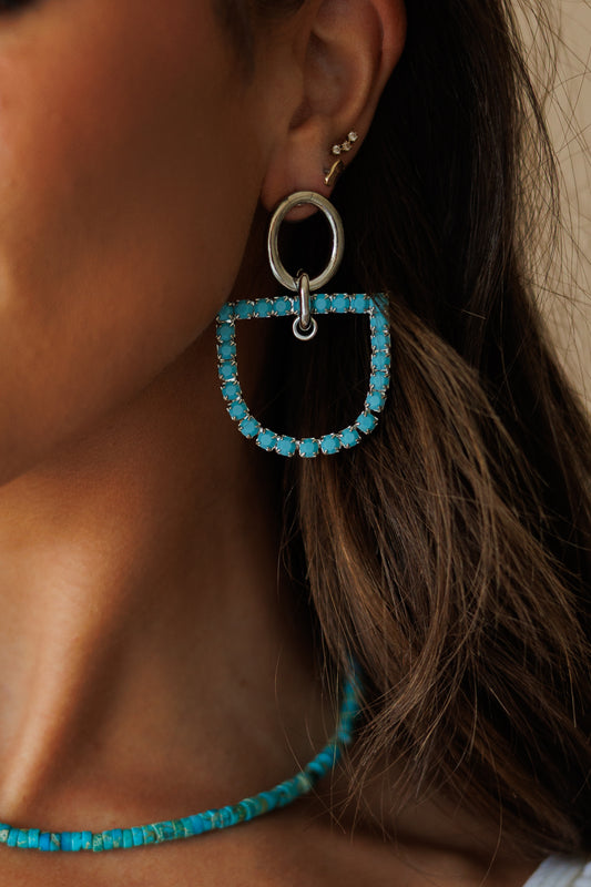 Horsebit and Turquoise Rhinestone Earrings in Silver