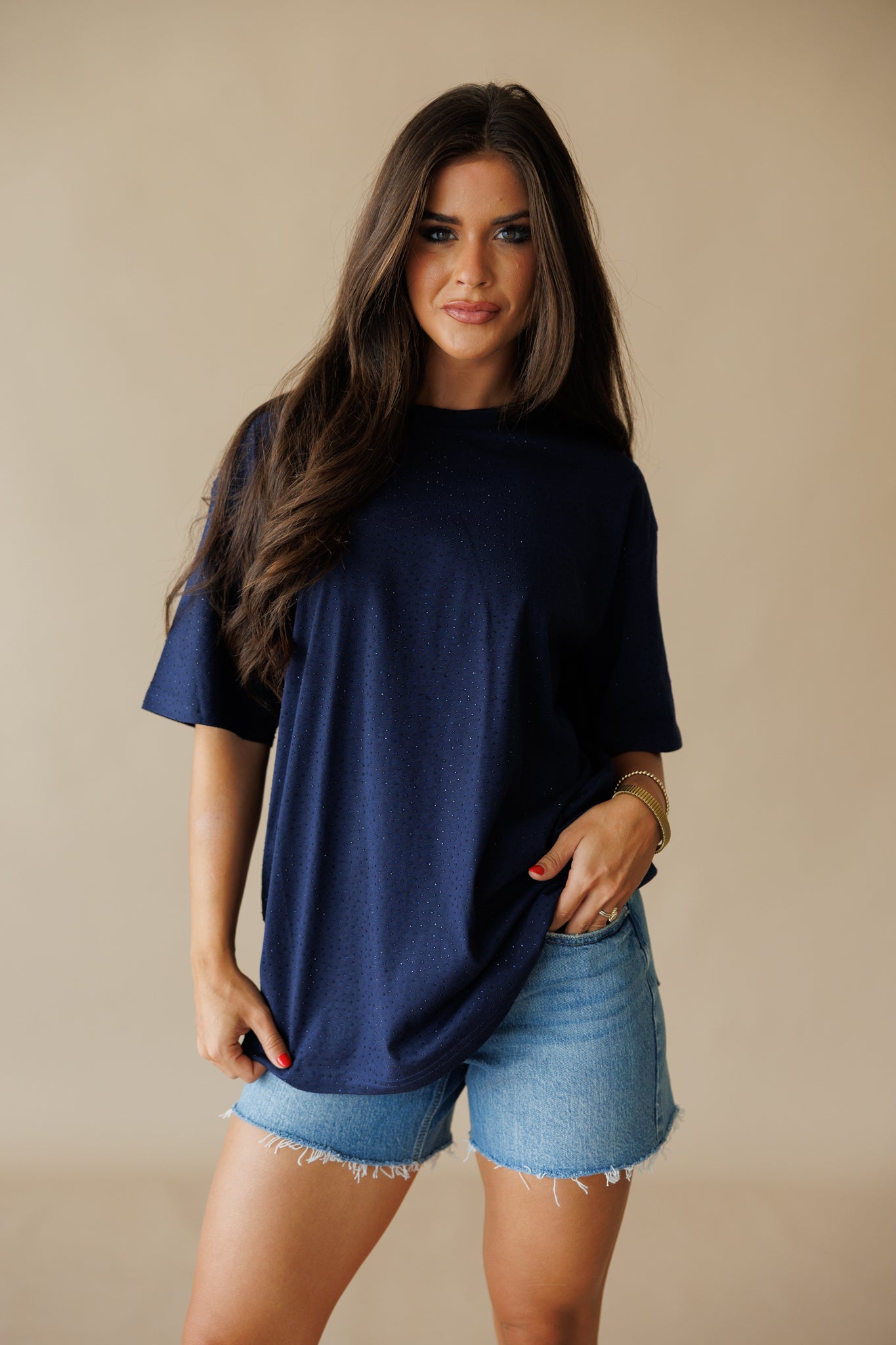 "Brooklyn" Rhinestone Tee in Navy