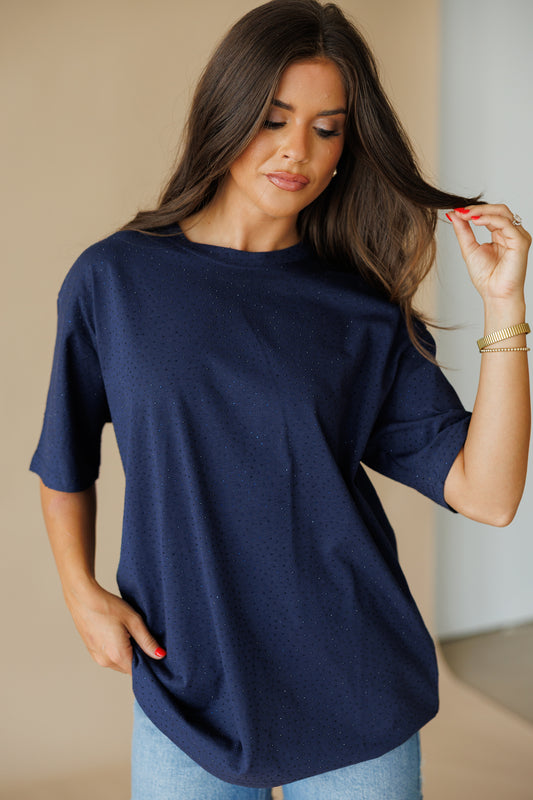 "Brooklyn" Rhinestone Tee in Navy