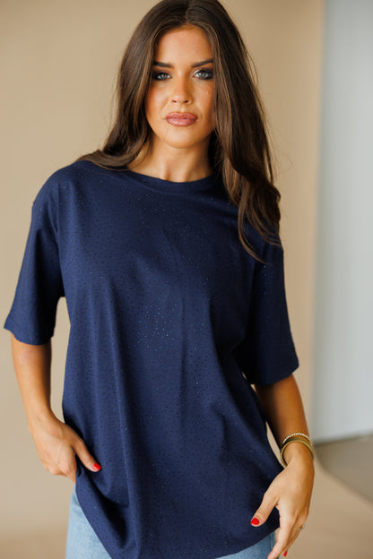 "Brooklyn" Rhinestone Tee in Navy