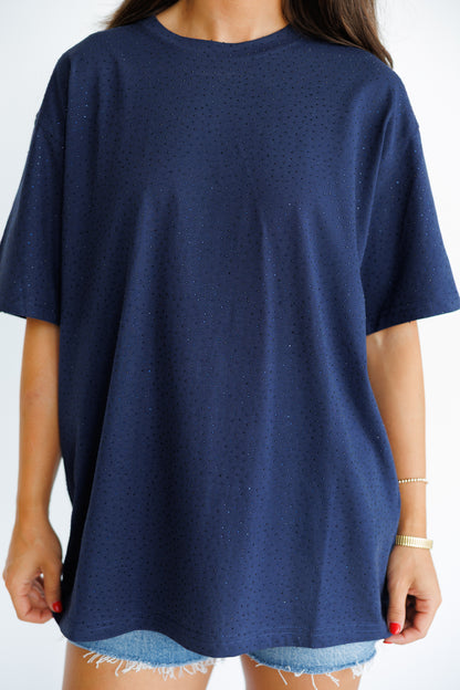 "Brooklyn" Rhinestone Tee in Navy