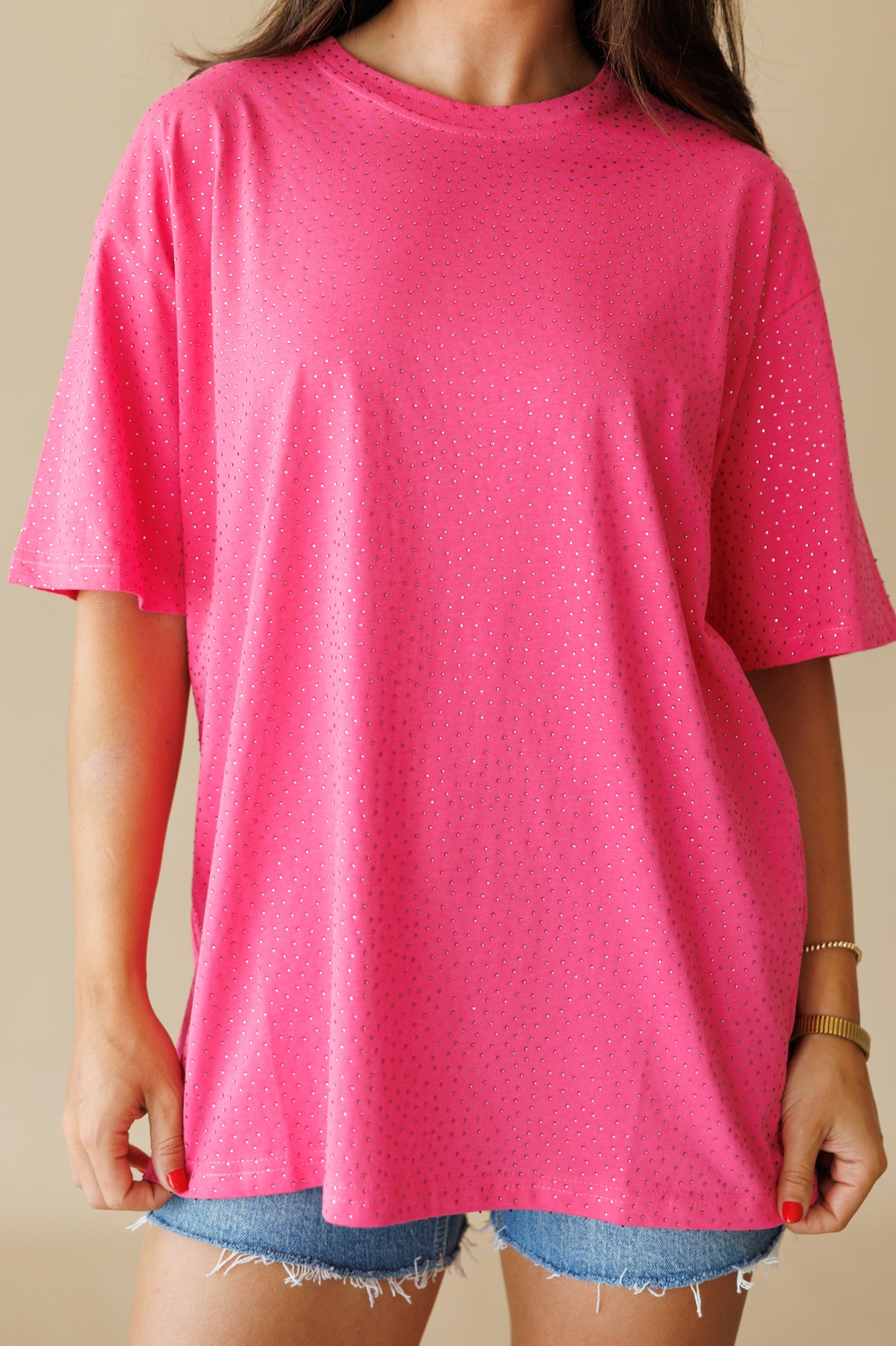 "Brooklyn" Rhinestone Tee in Hot Pink