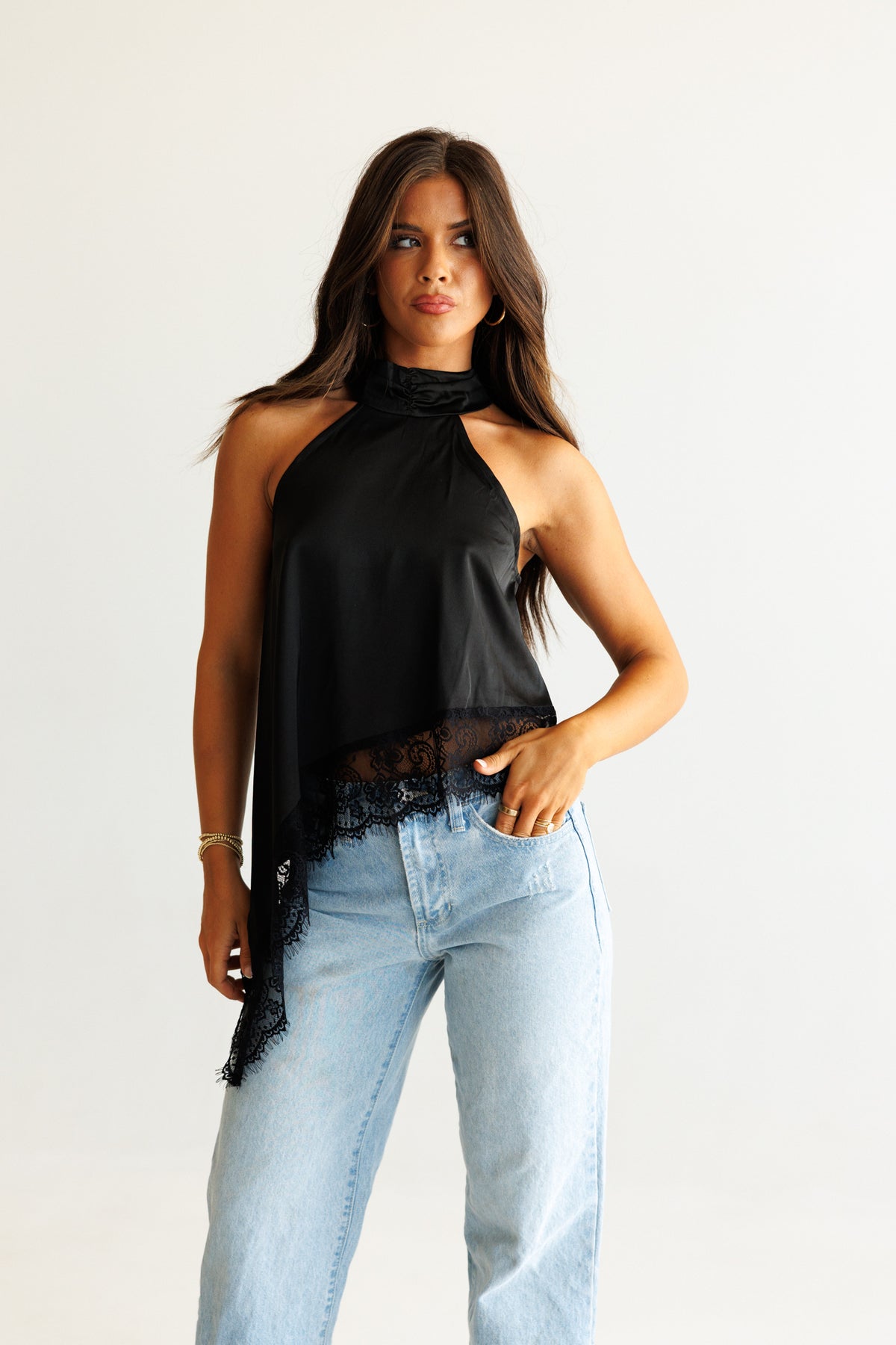 Asymmetric Lace Halter Top in Black