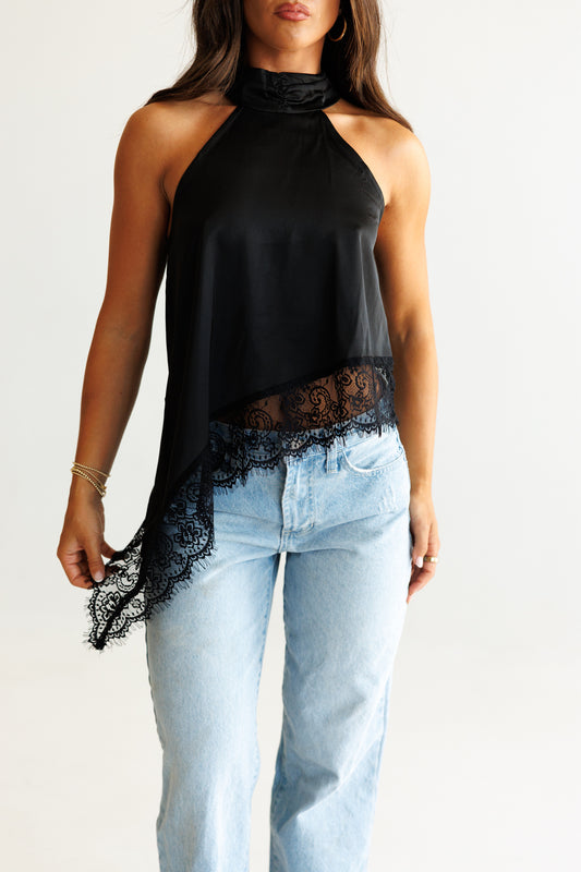 Asymmetric Lace Halter Top in Black