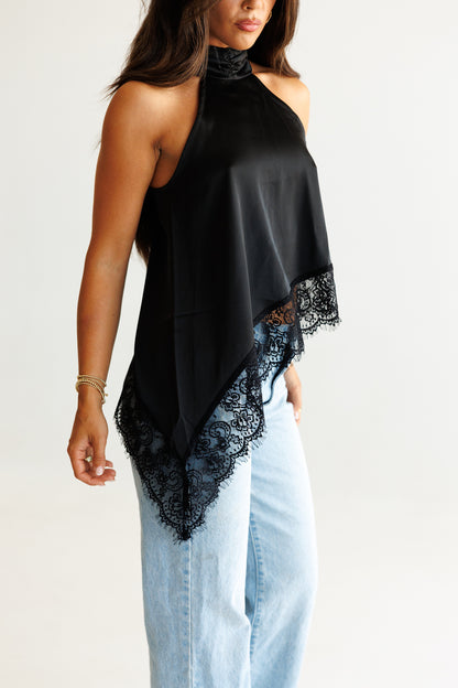 Asymmetric Lace Halter Top in Black