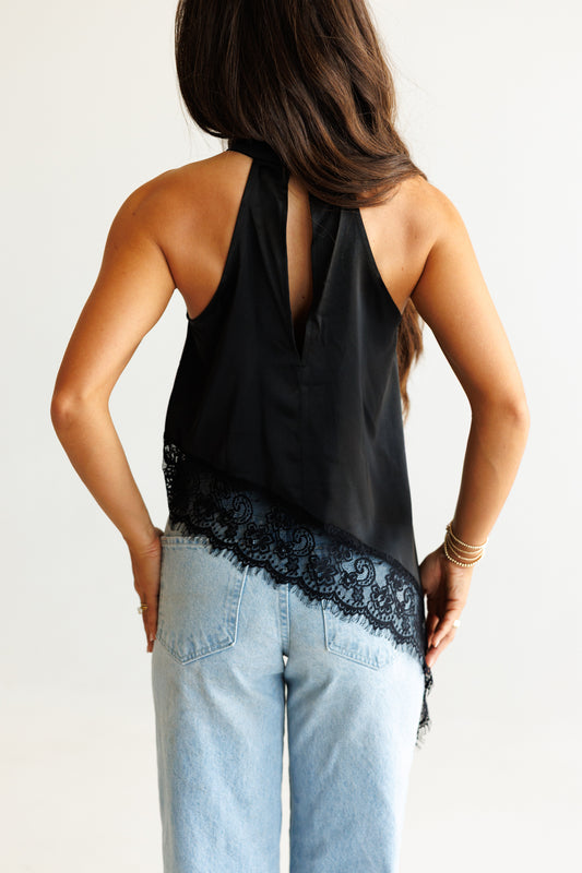 Asymmetric Lace Halter Top in Black
