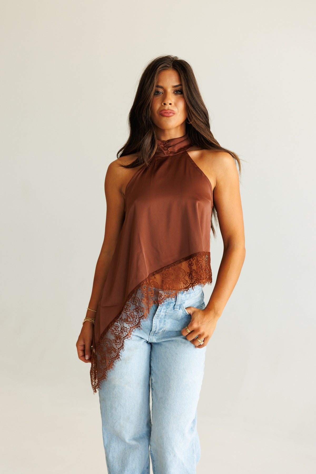 Asymmetric Lace Halter Top in Chocolate - PREORDER