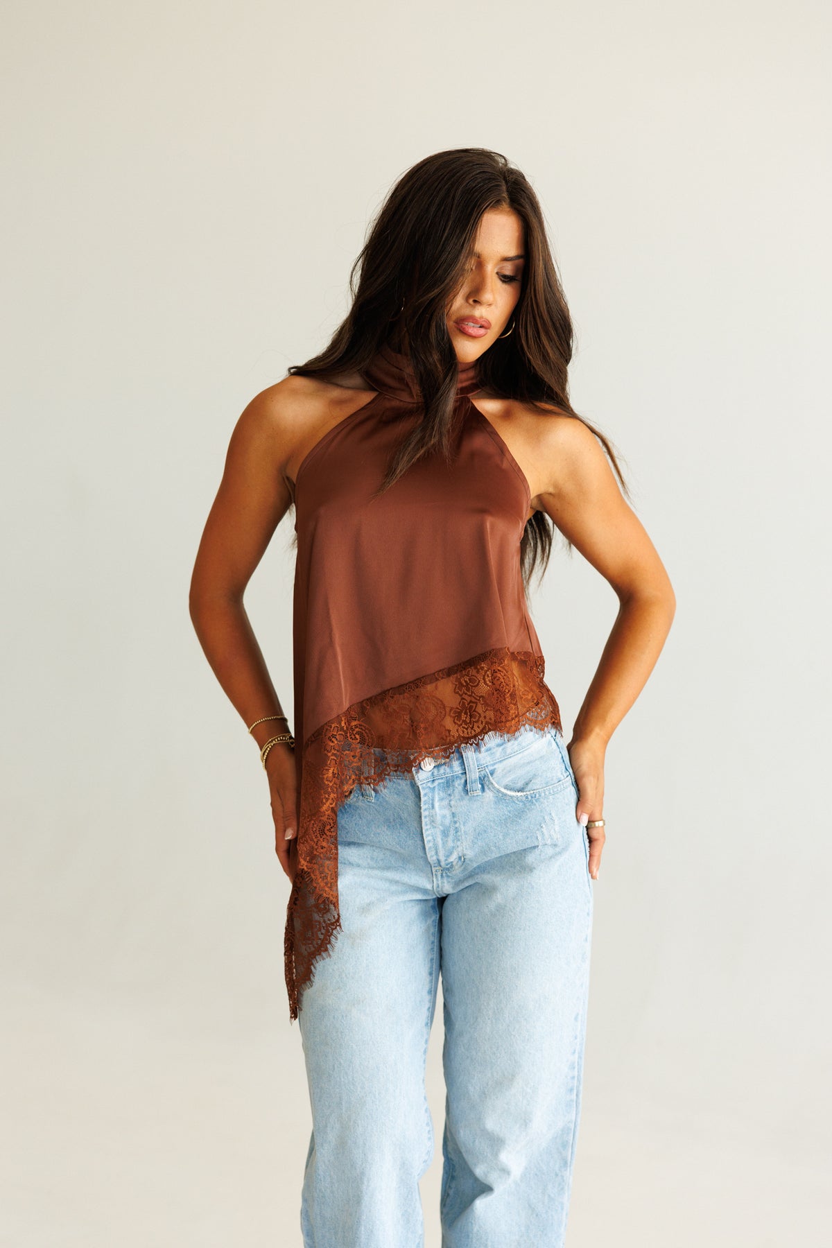 Asymmetric Lace Halter Top in Chocolate - PREORDER