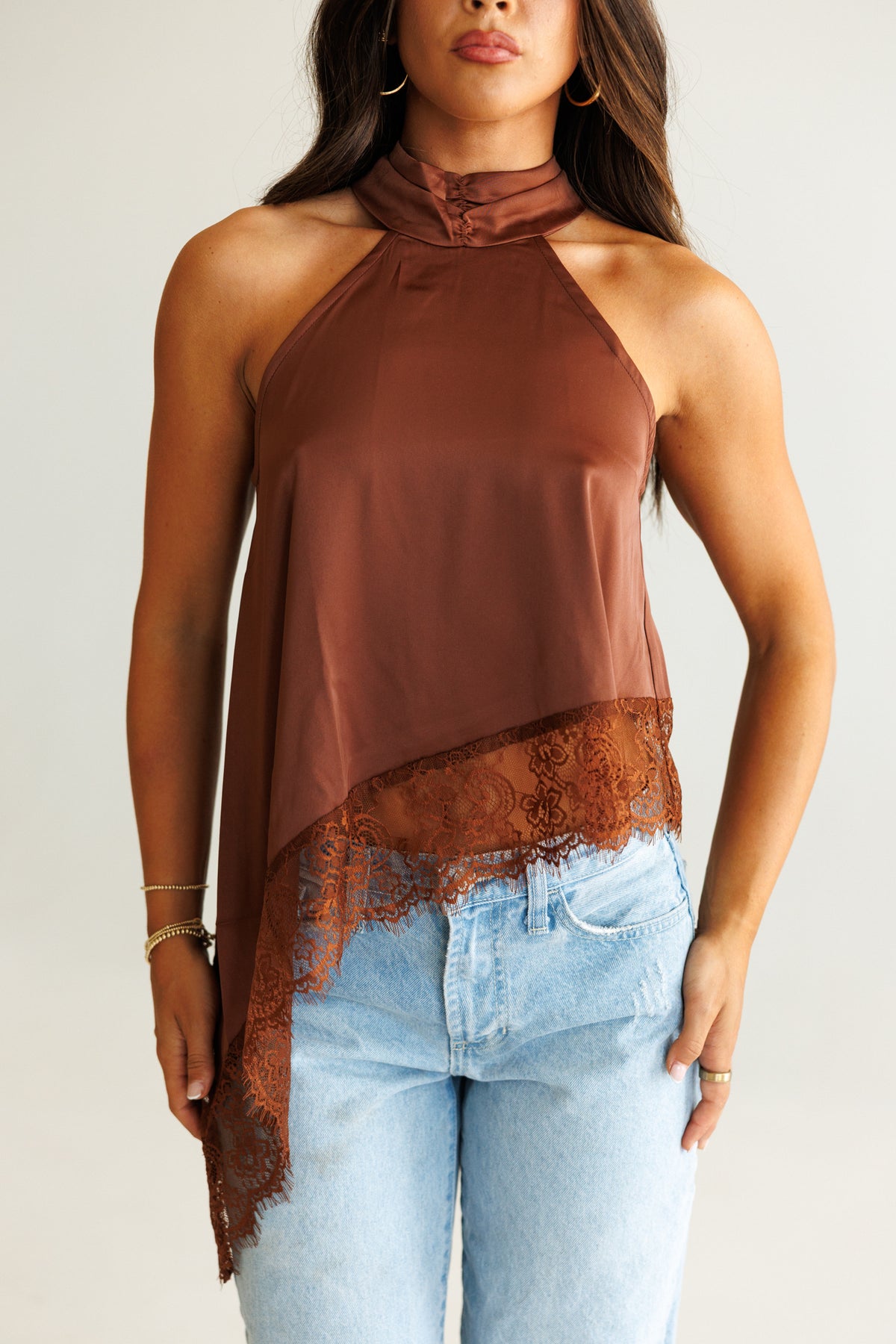 Asymmetric Lace Halter Top in Chocolate - PREORDER