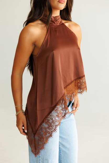 Asymmetric Lace Halter Top in Chocolate - PREORDER