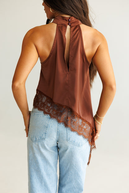 Asymmetric Lace Halter Top in Chocolate - PREORDER