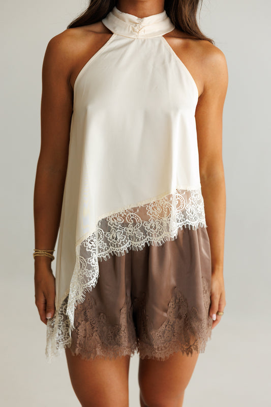Asymmetric Lace Halter Top in Ivory