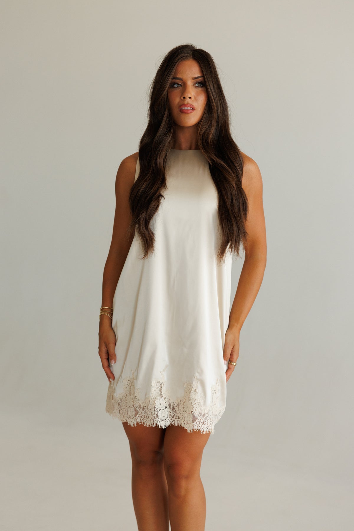 Sleeveless Satin Lace Dress in Champagne