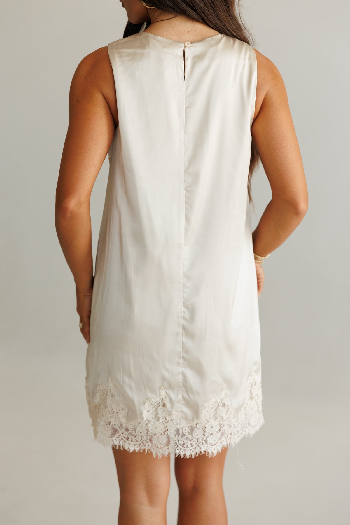 Sleeveless Satin Lace Dress in Champagne