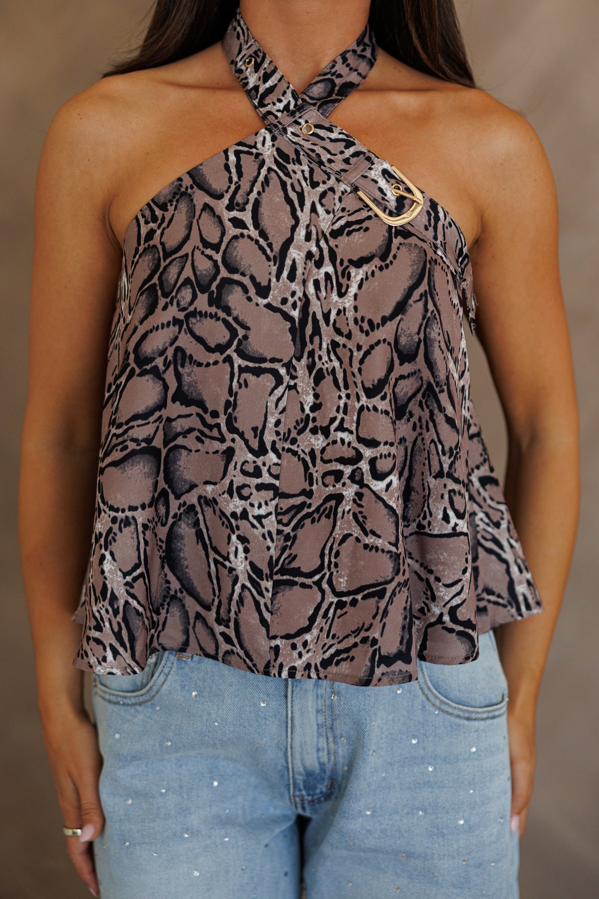 Snake Print Halter Buckle Top