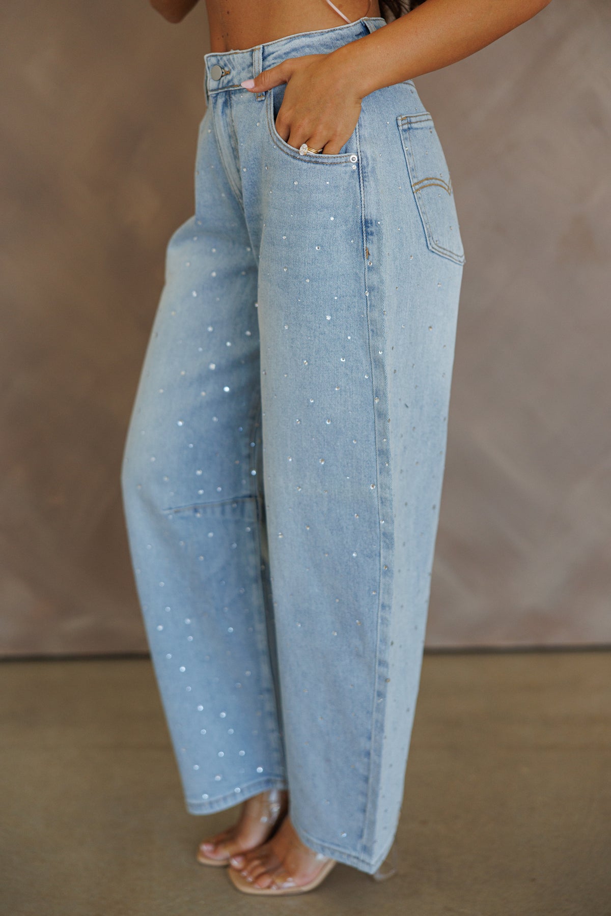 "After Dark" Rhinestone Barrel Jeans