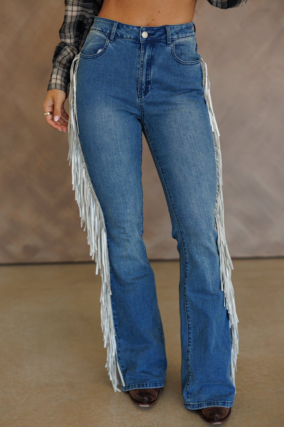 High Rise Fringe Jeans in Dark Wash