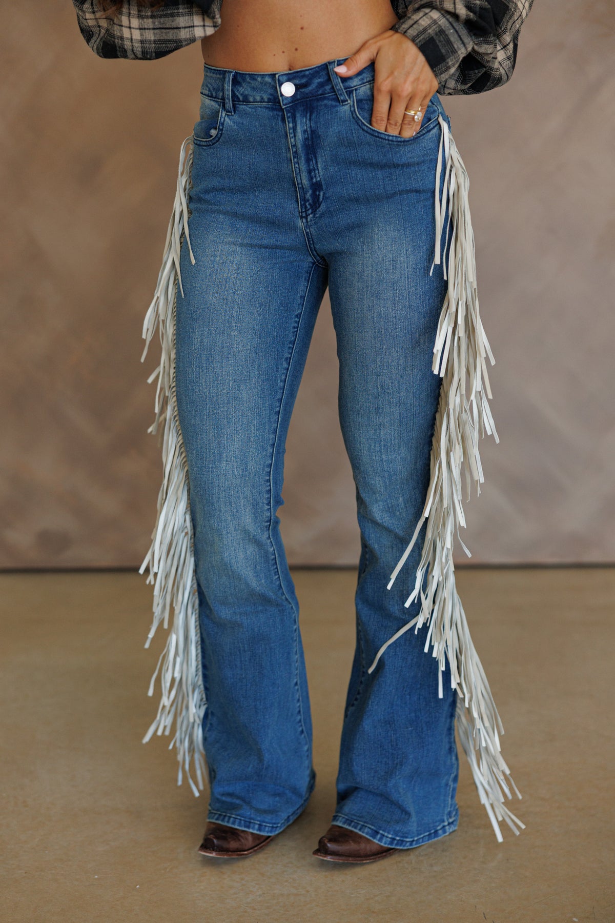 High Rise Fringe Jeans in Dark Wash