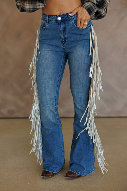 High Rise Fringe Jeans in Dark Wash