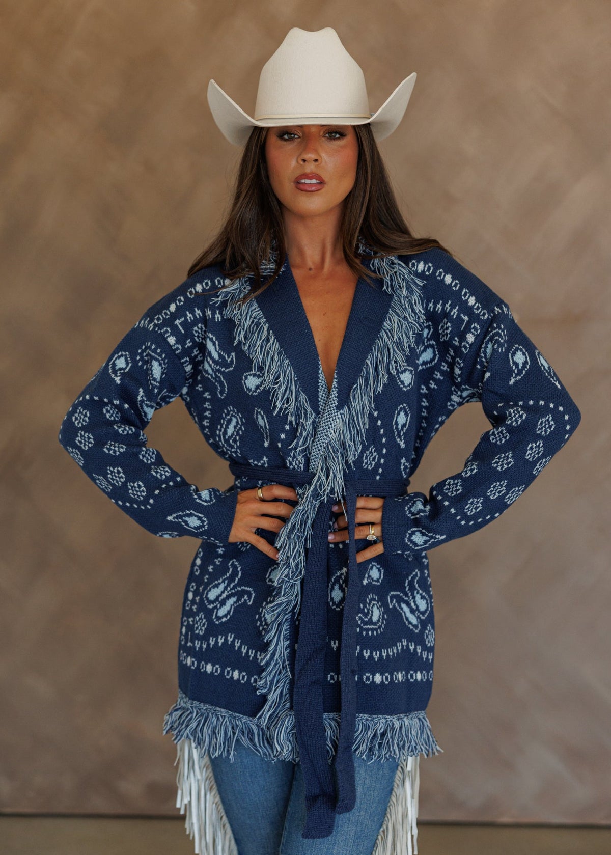 Sonora Fringe Wrap Cardigan in Navy