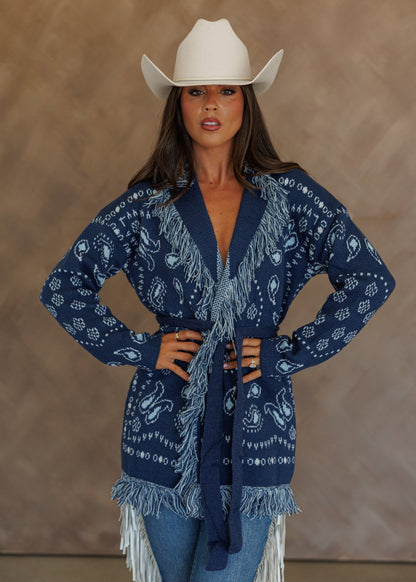 Sonora Fringe Wrap Cardigan in Navy