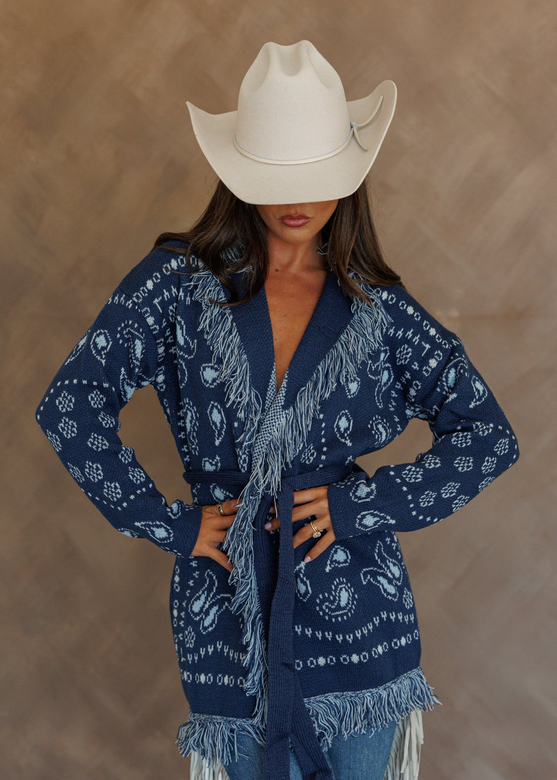 Sonora Fringe Wrap Cardigan in Navy