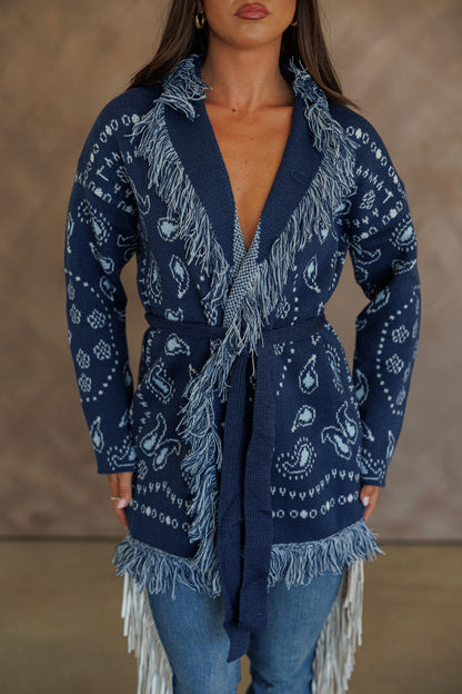 Sonora Fringe Wrap Cardigan in Navy