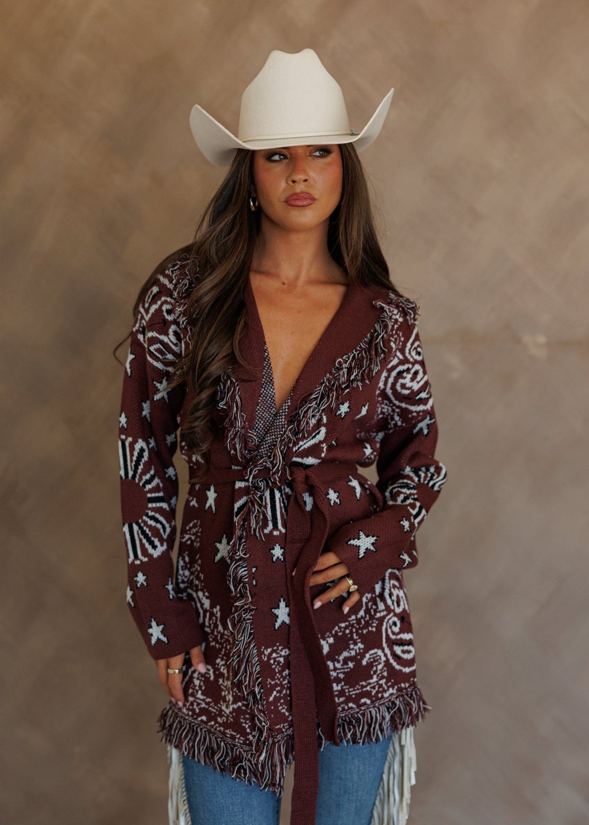Sonora Fringe Wrap Cardigan in Burgundy