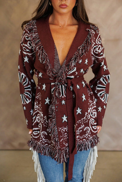 Sonora Fringe Wrap Cardigan in Burgundy