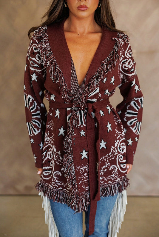 Sonora Fringe Wrap Cardigan in Burgundy