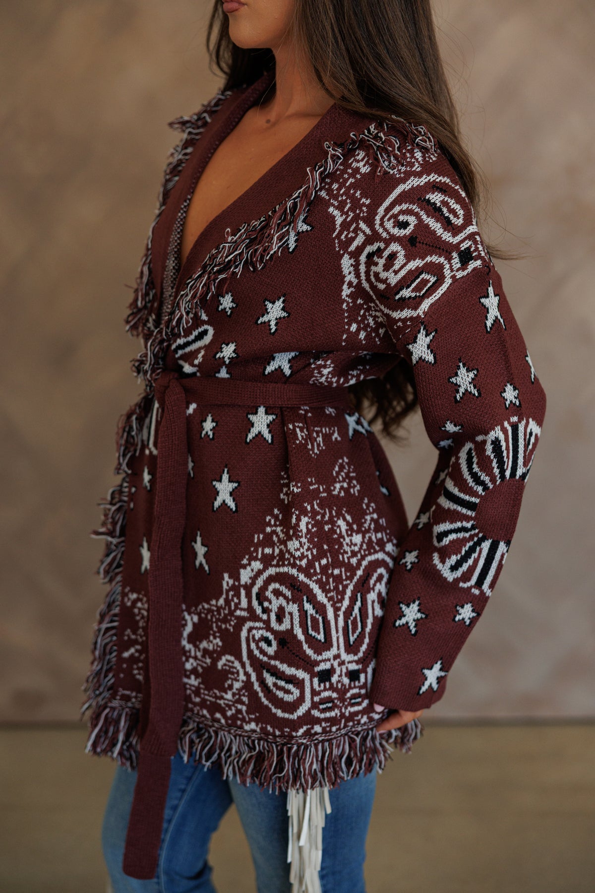 Sonora Fringe Wrap Cardigan in Burgundy