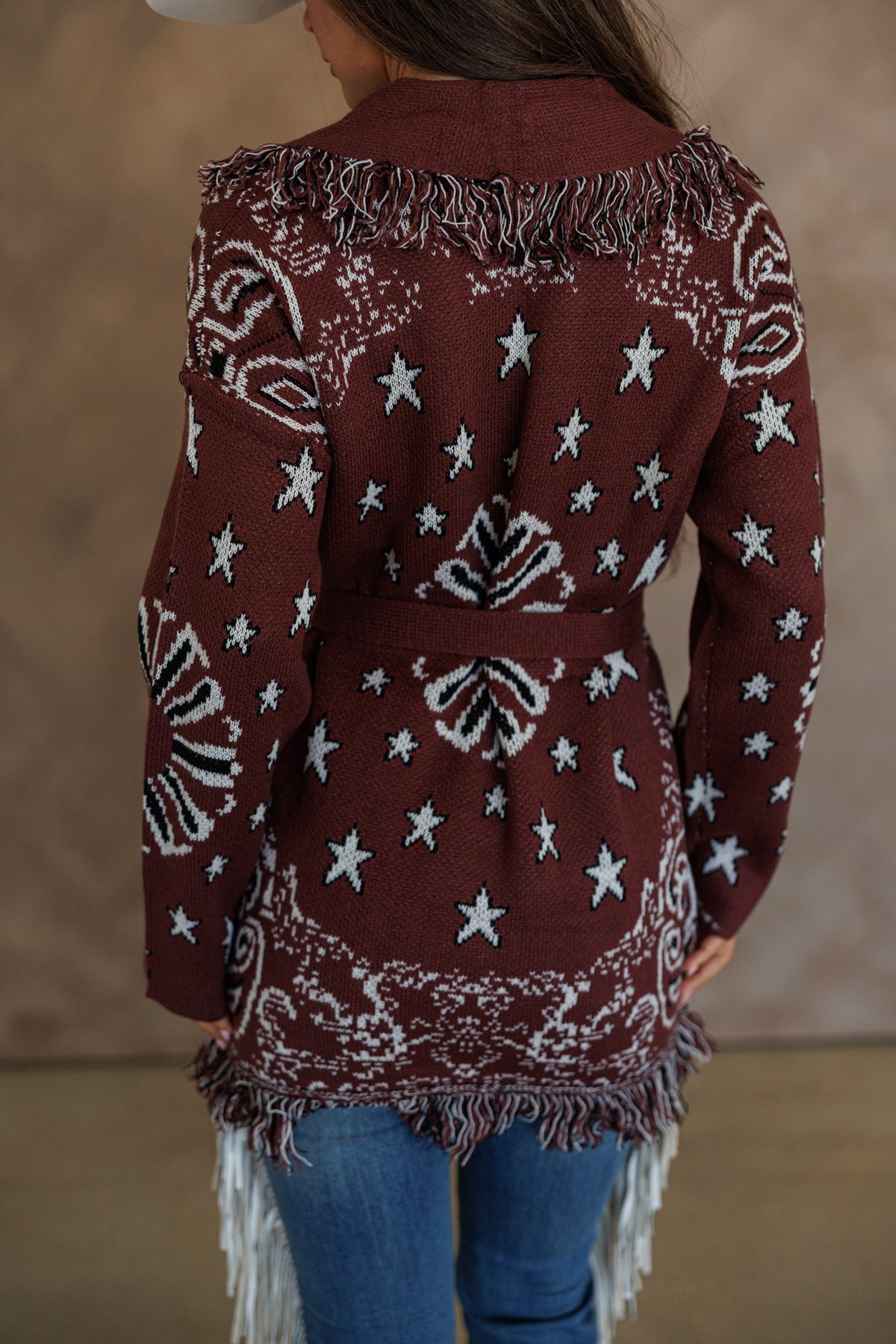 Sonora Fringe Wrap Cardigan in Burgundy