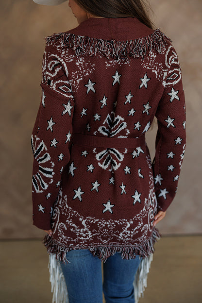 Sonora Fringe Wrap Cardigan in Burgundy